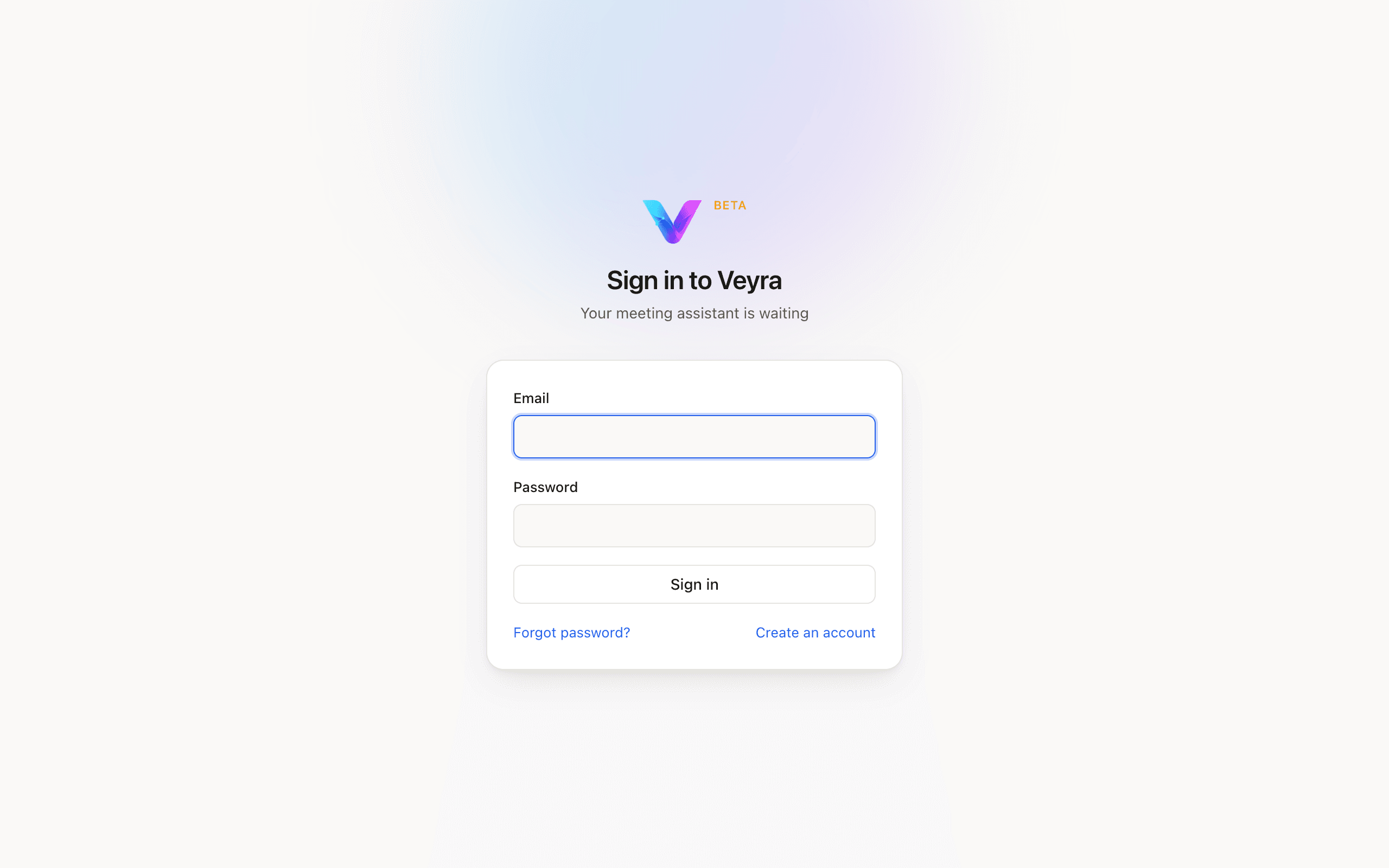 The Veyra sign-in screen