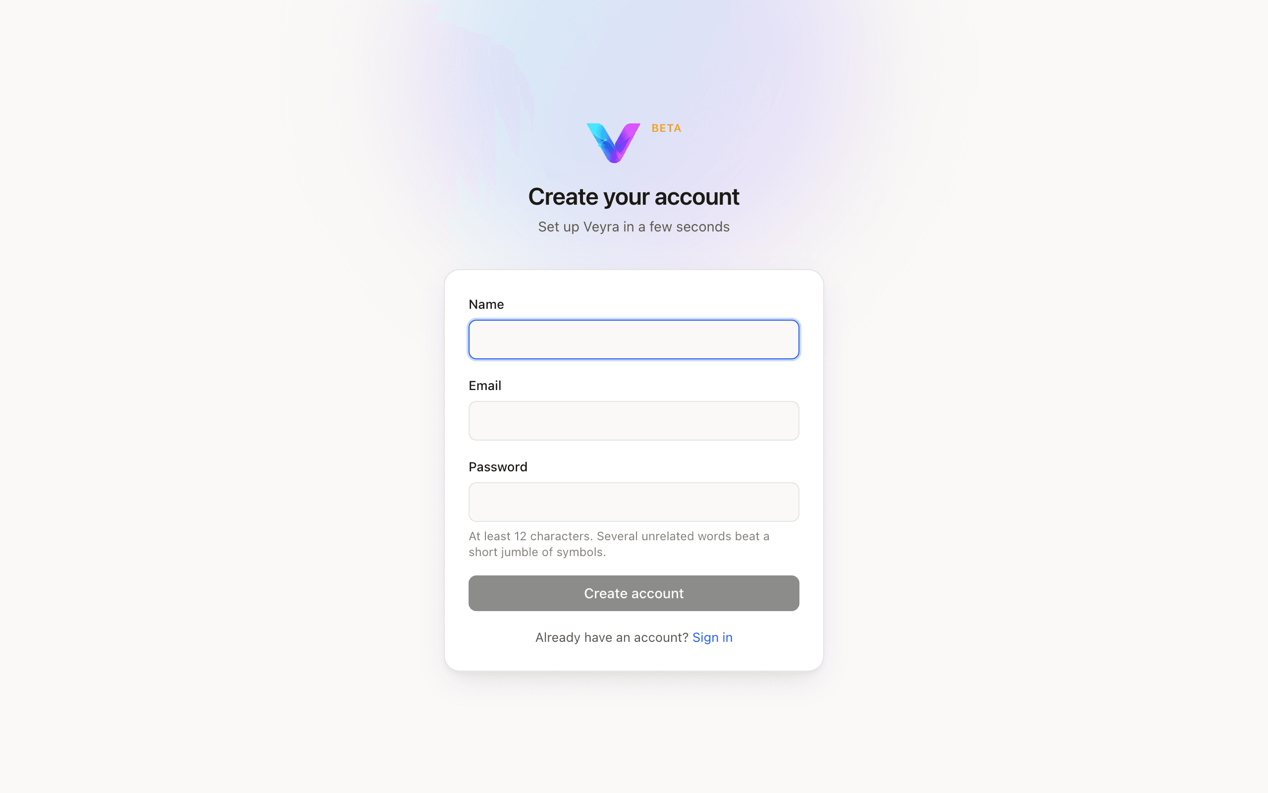 The Veyra sign-up screen, empty