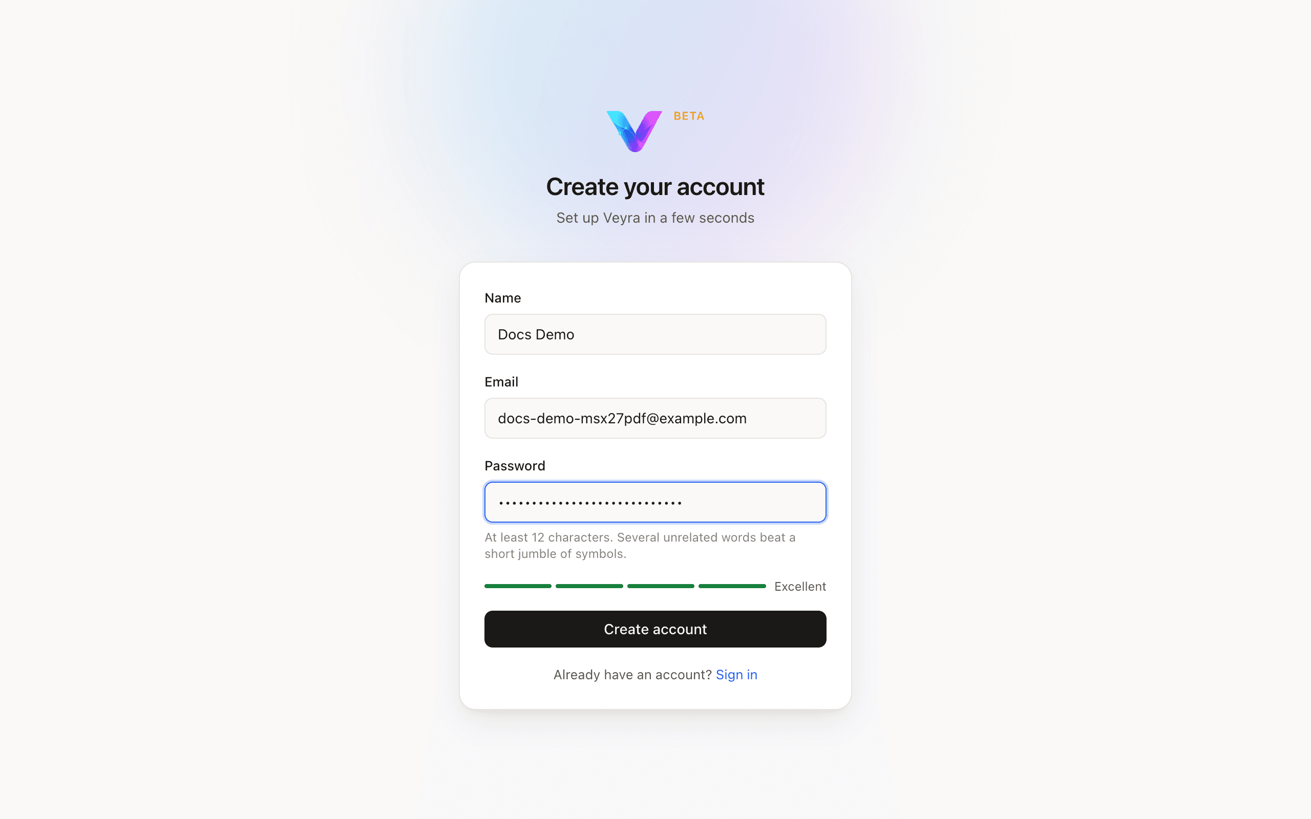 The sign-up form filled in, with the password-strength meter showing "Excellent"