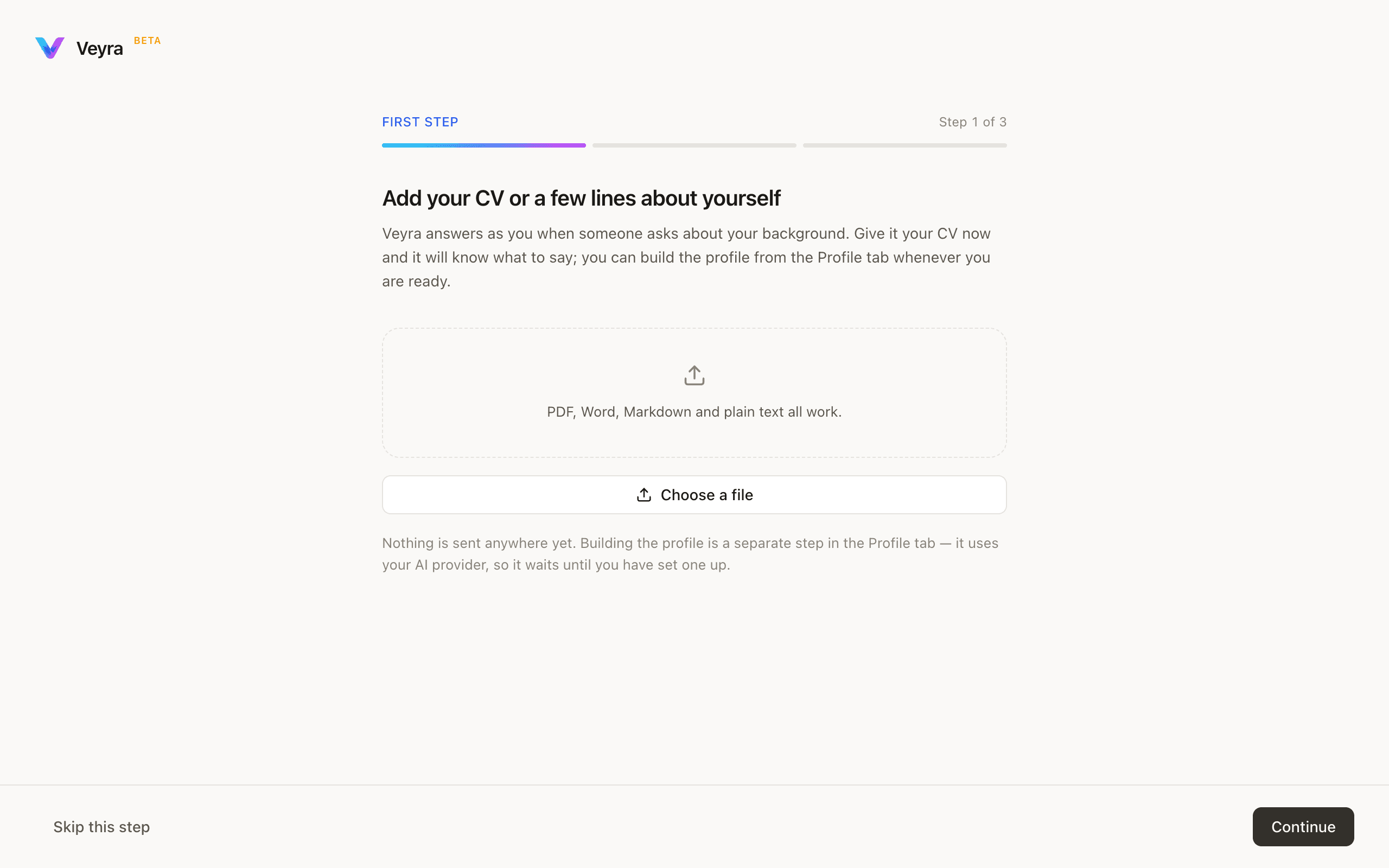 Onboarding step: add your CV or a few lines about yourself