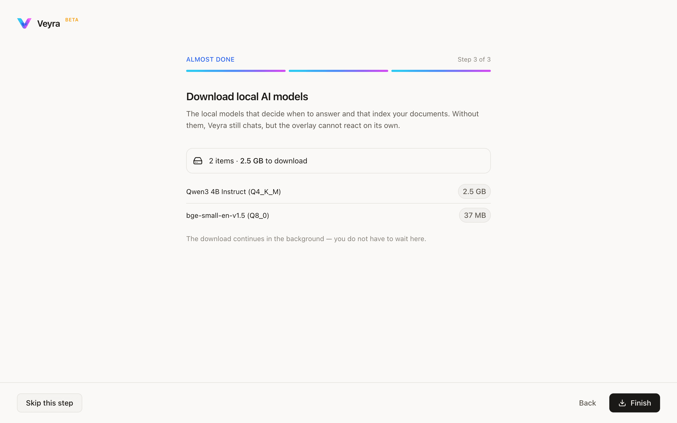 Onboarding step: download local AI models