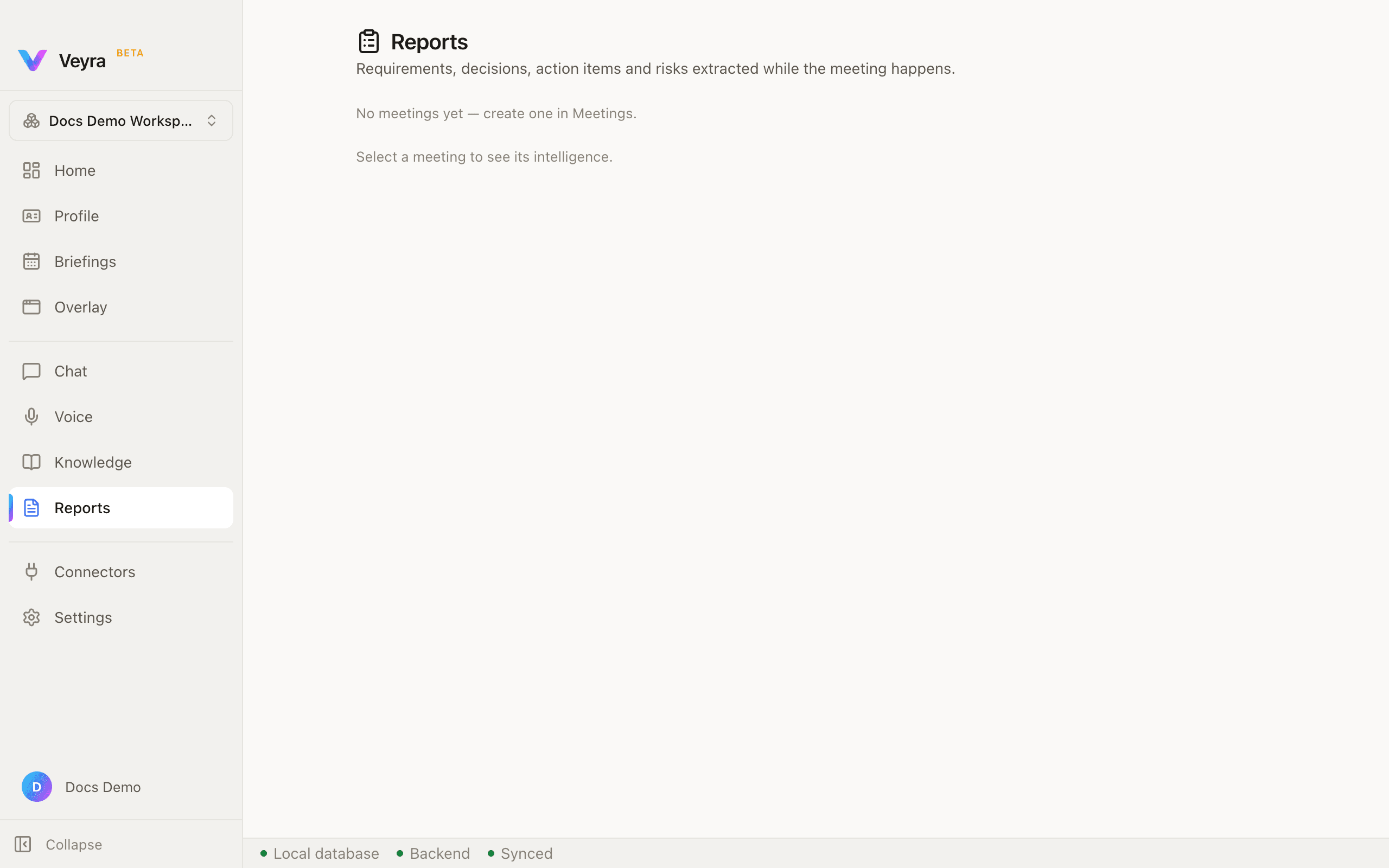 The Reports pane, with no meetings yet