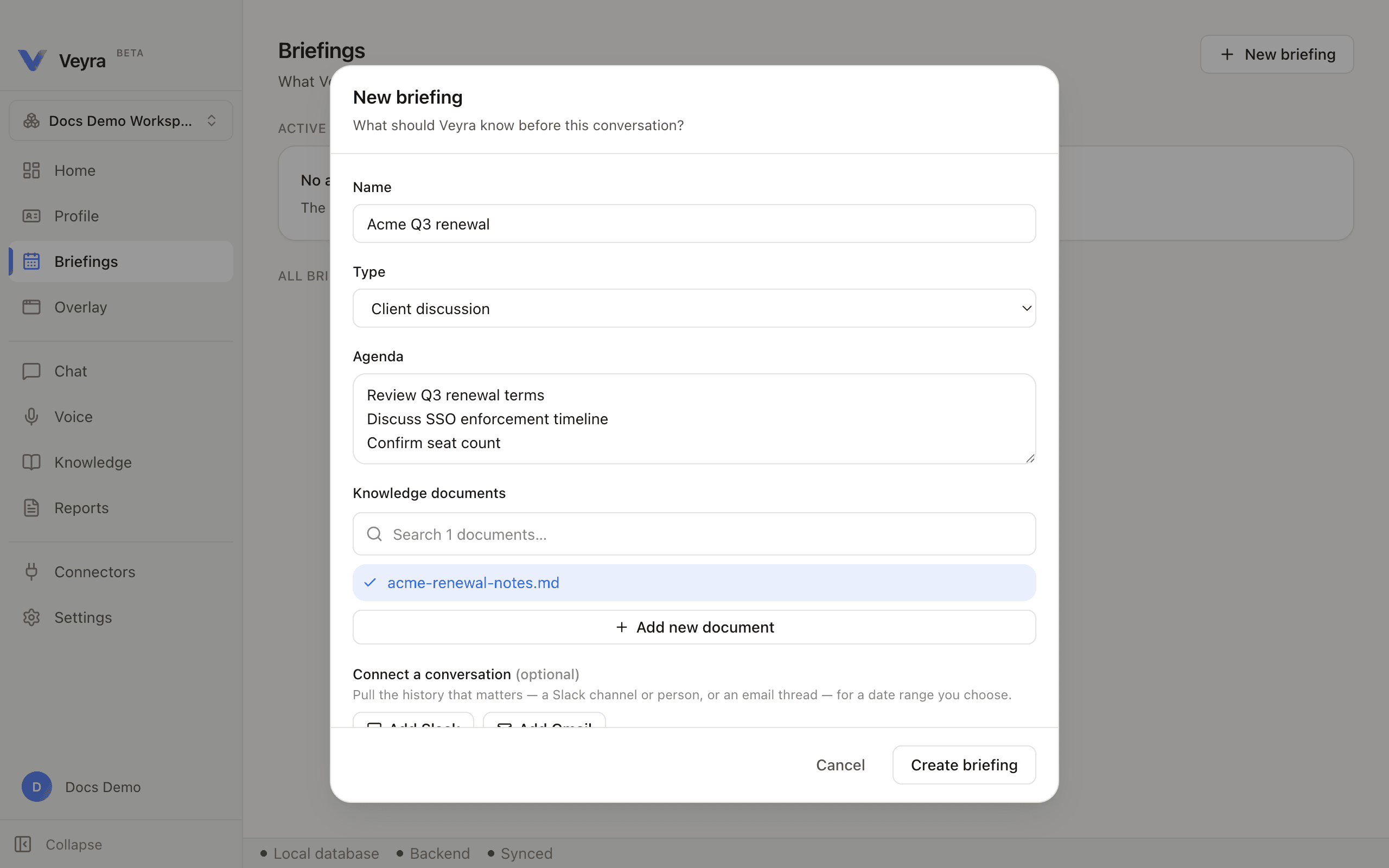 The new-briefing form, filled in