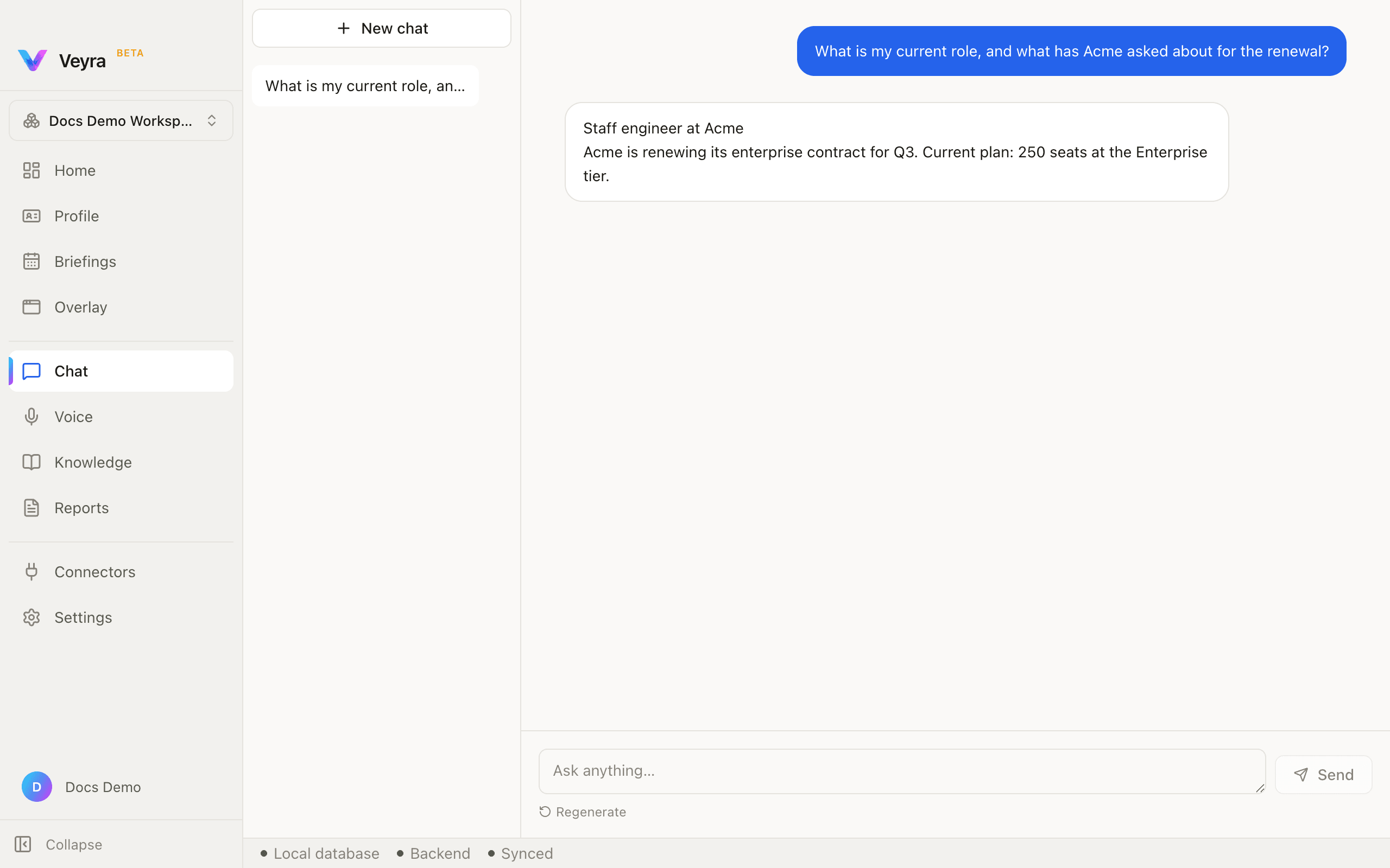 A completed chat answer, drawing on the profile and an indexed document