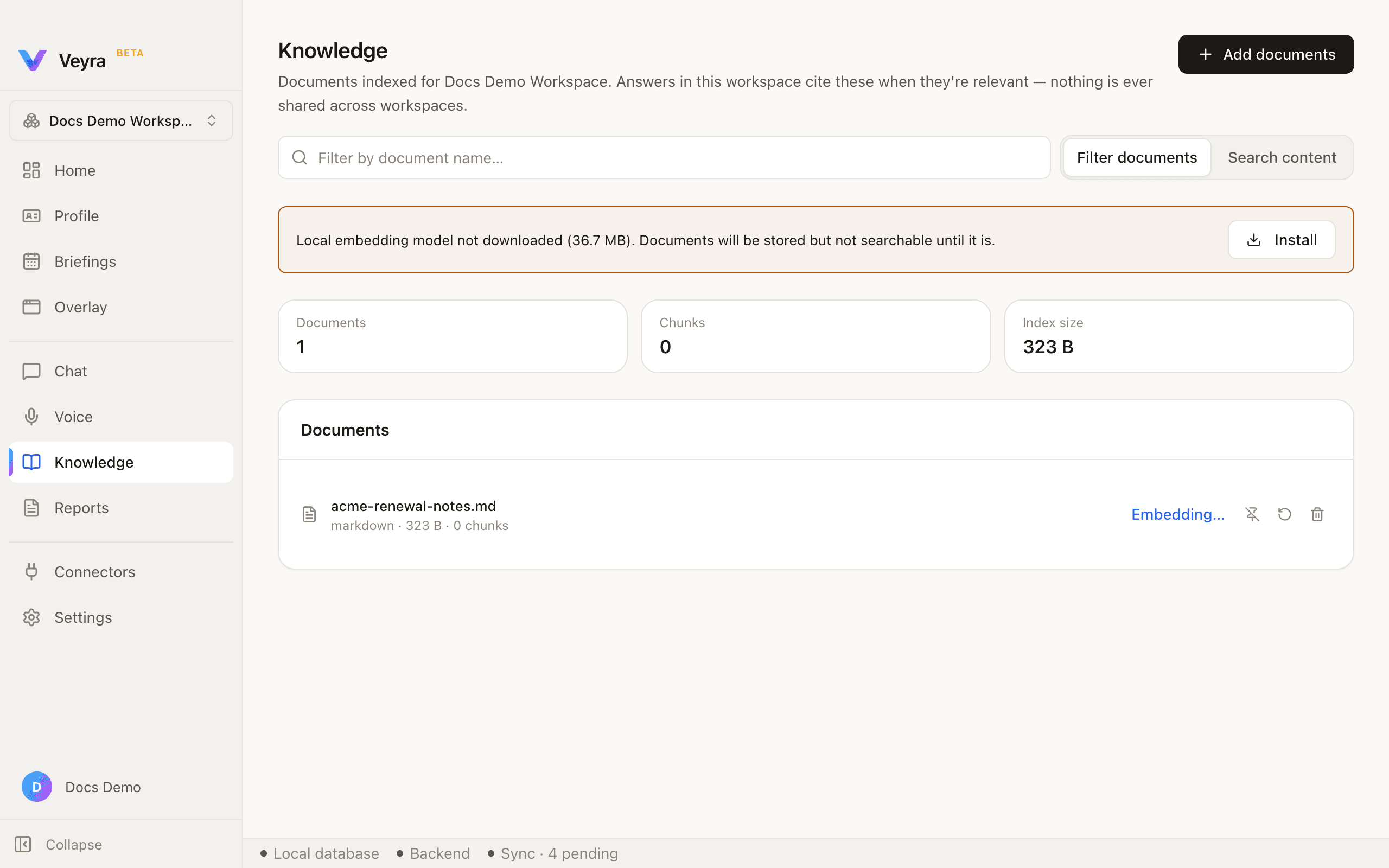 A document added before the local embedding model is installed