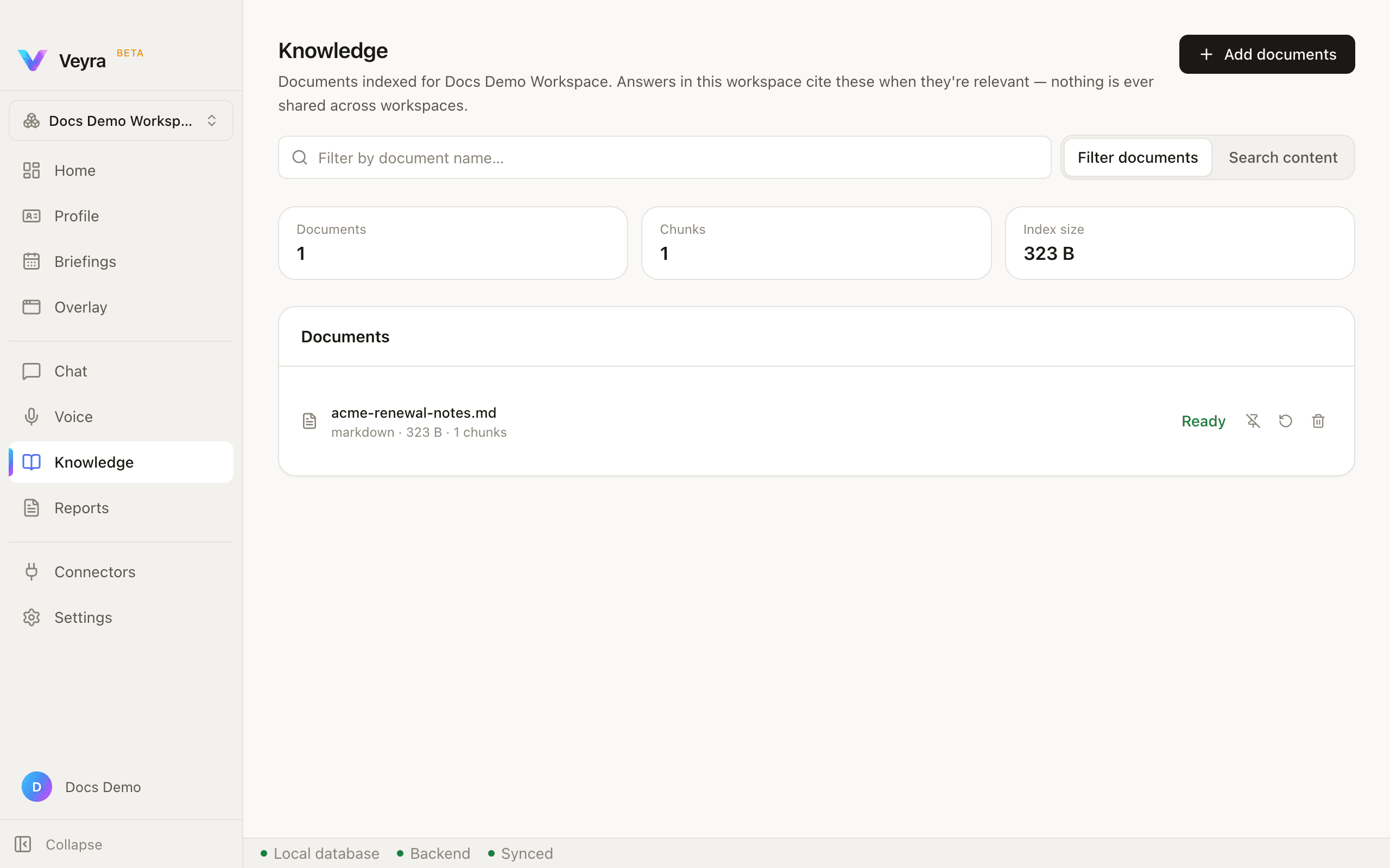 The Knowledge list, one document indexed