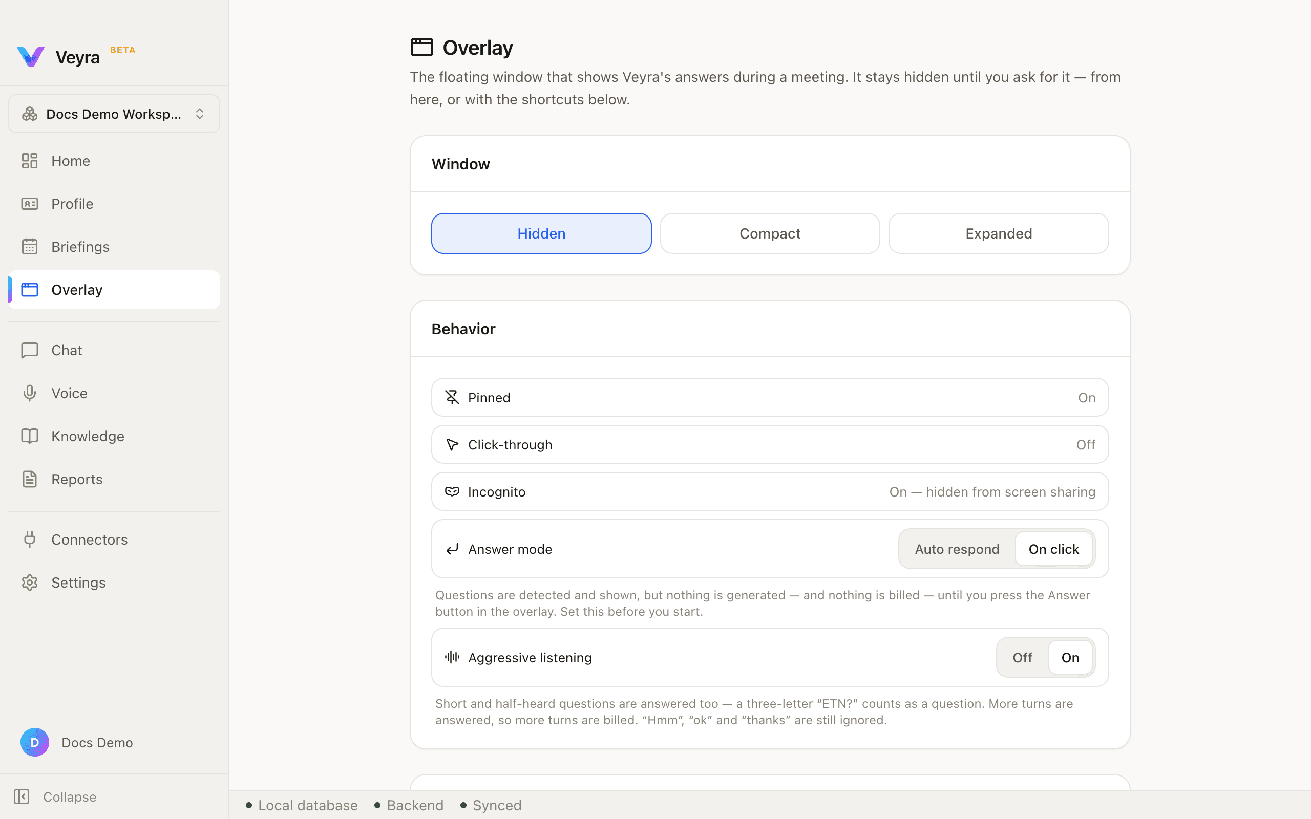 Overlay settings with Answer mode and Aggressive listening switched