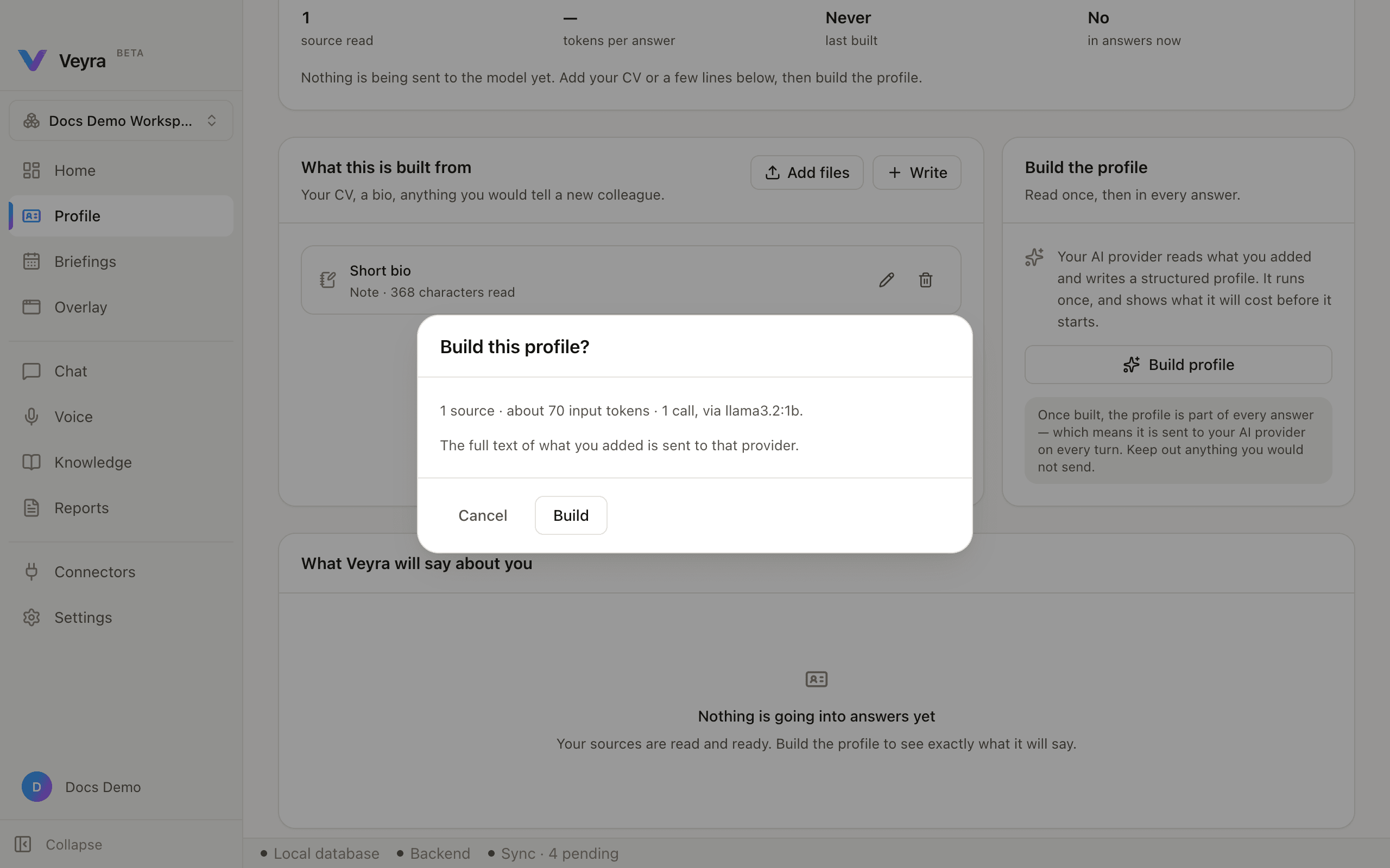 The build-profile confirmation, showing a real cost estimate