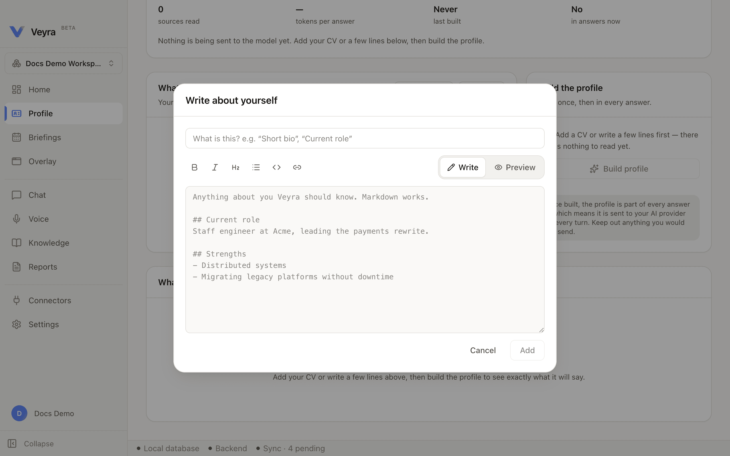 The "Write about yourself" modal, open