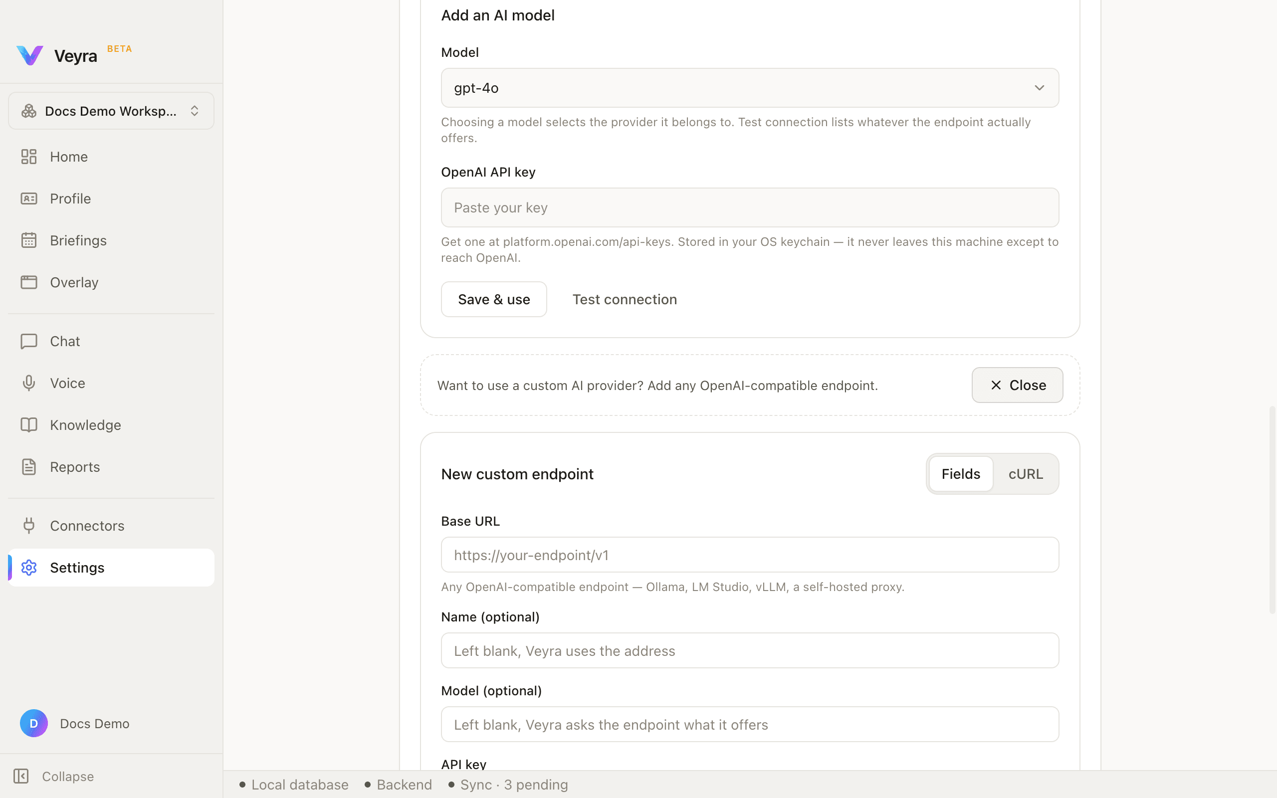 The AI providers card, with the custom-endpoint panel open and empty