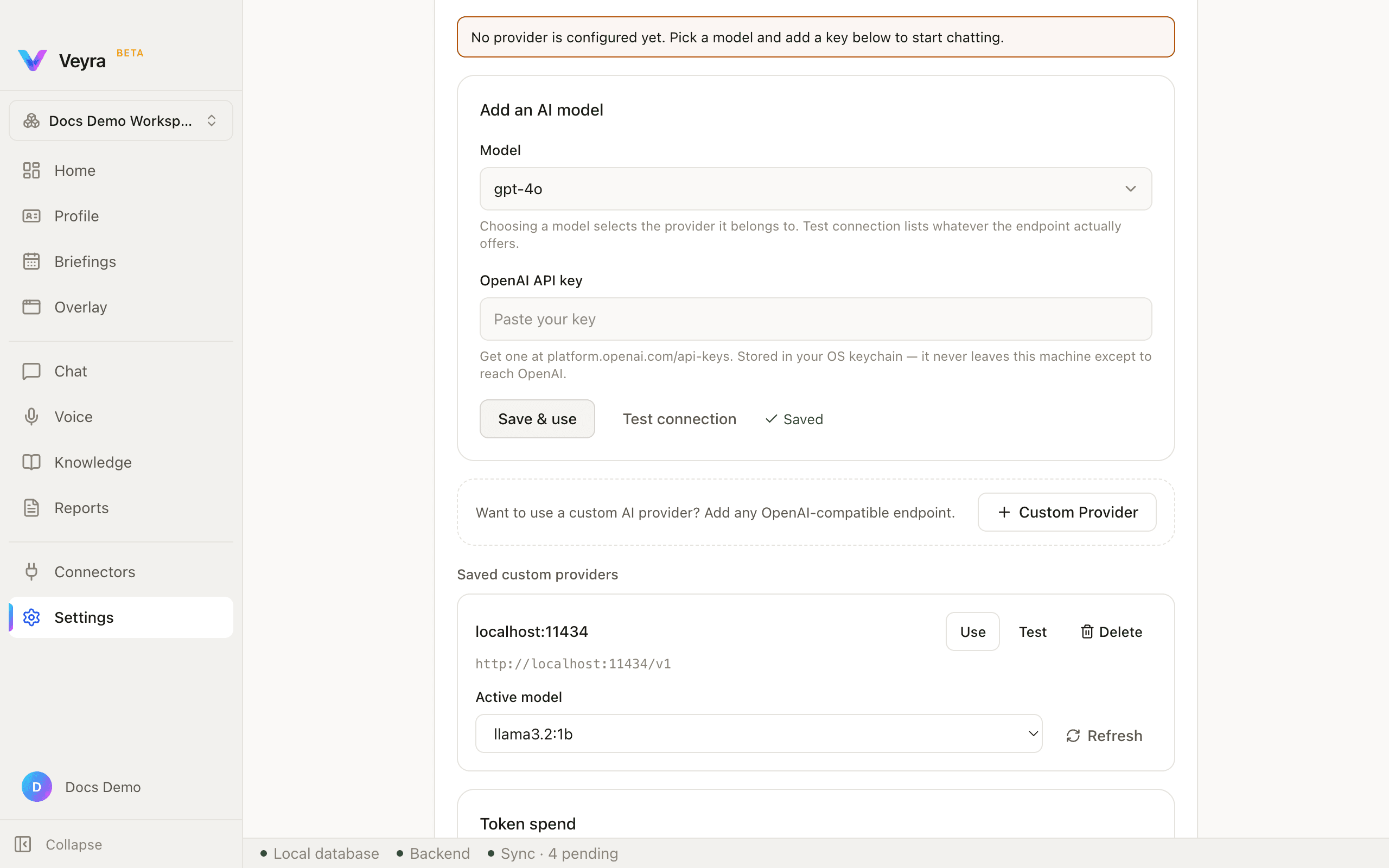 A saved custom provider, connected and selected as active