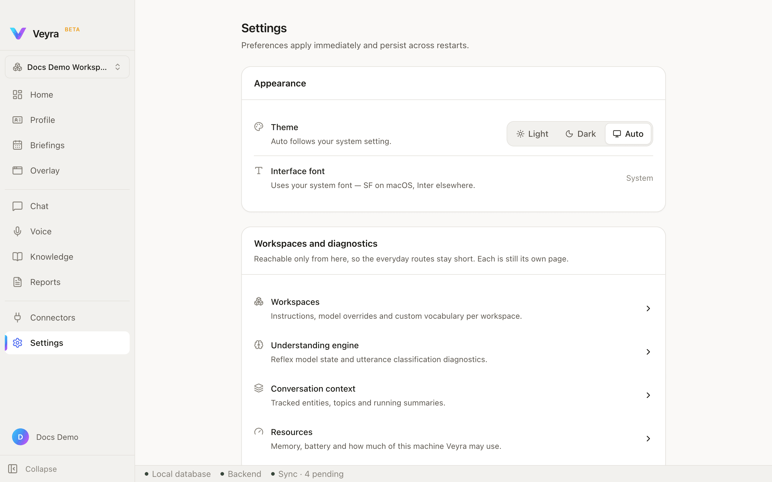 The top of the Settings page