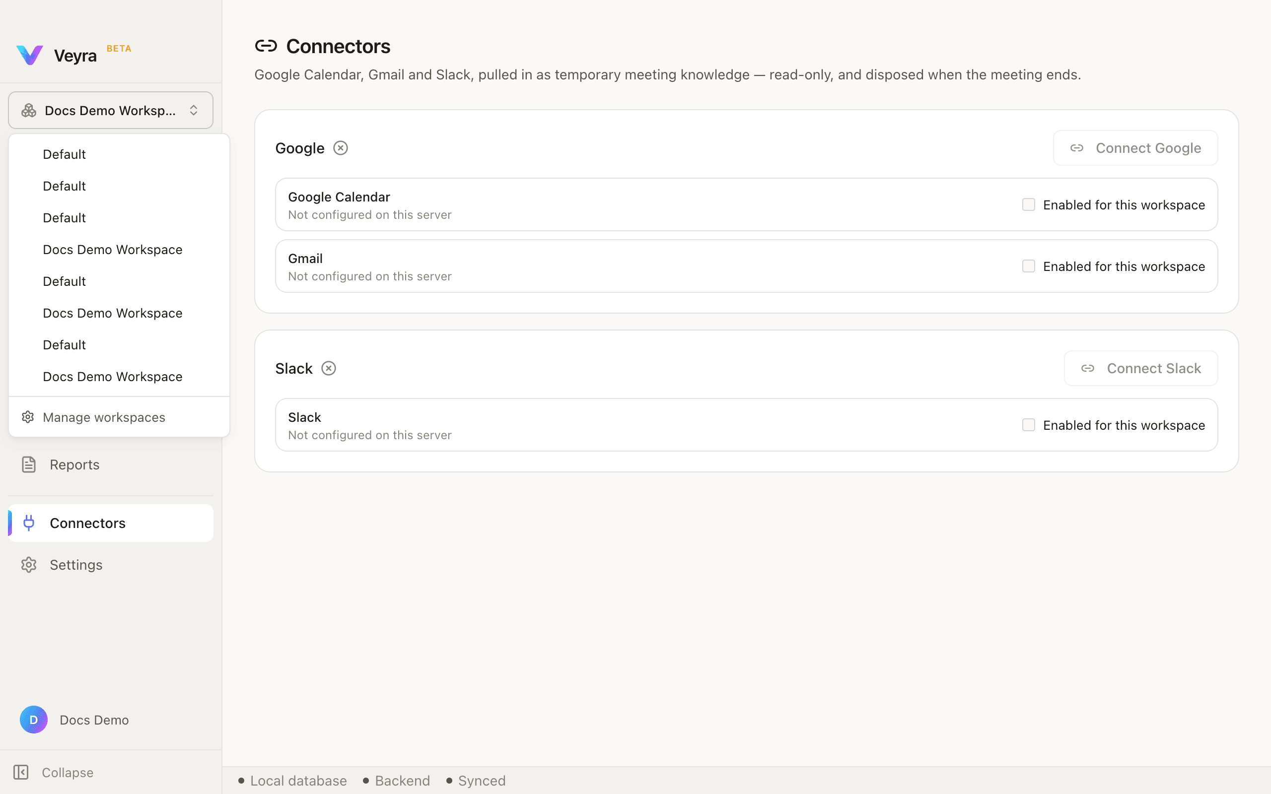 The sidebar workspace switcher, open