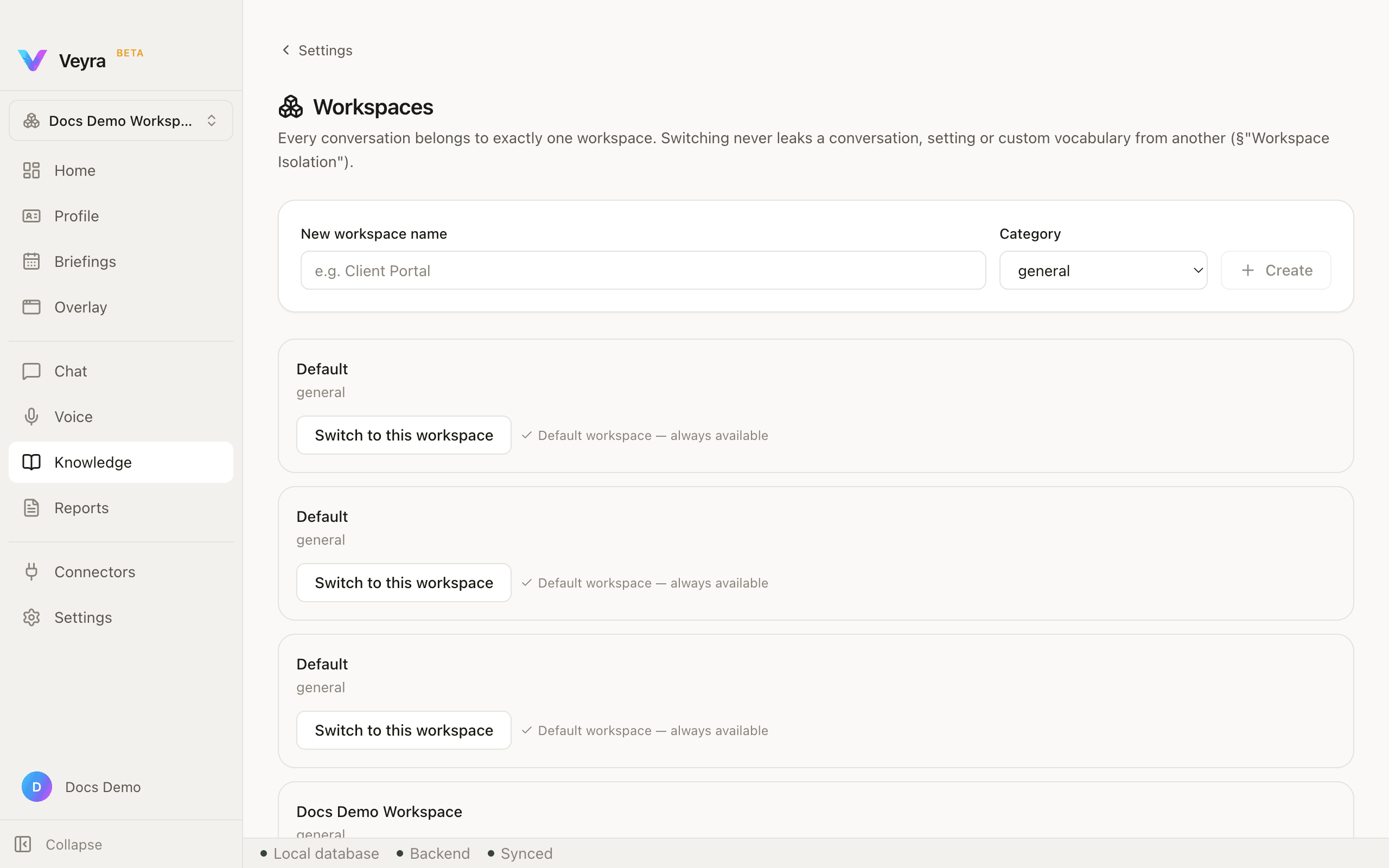 The full Workspaces settings page