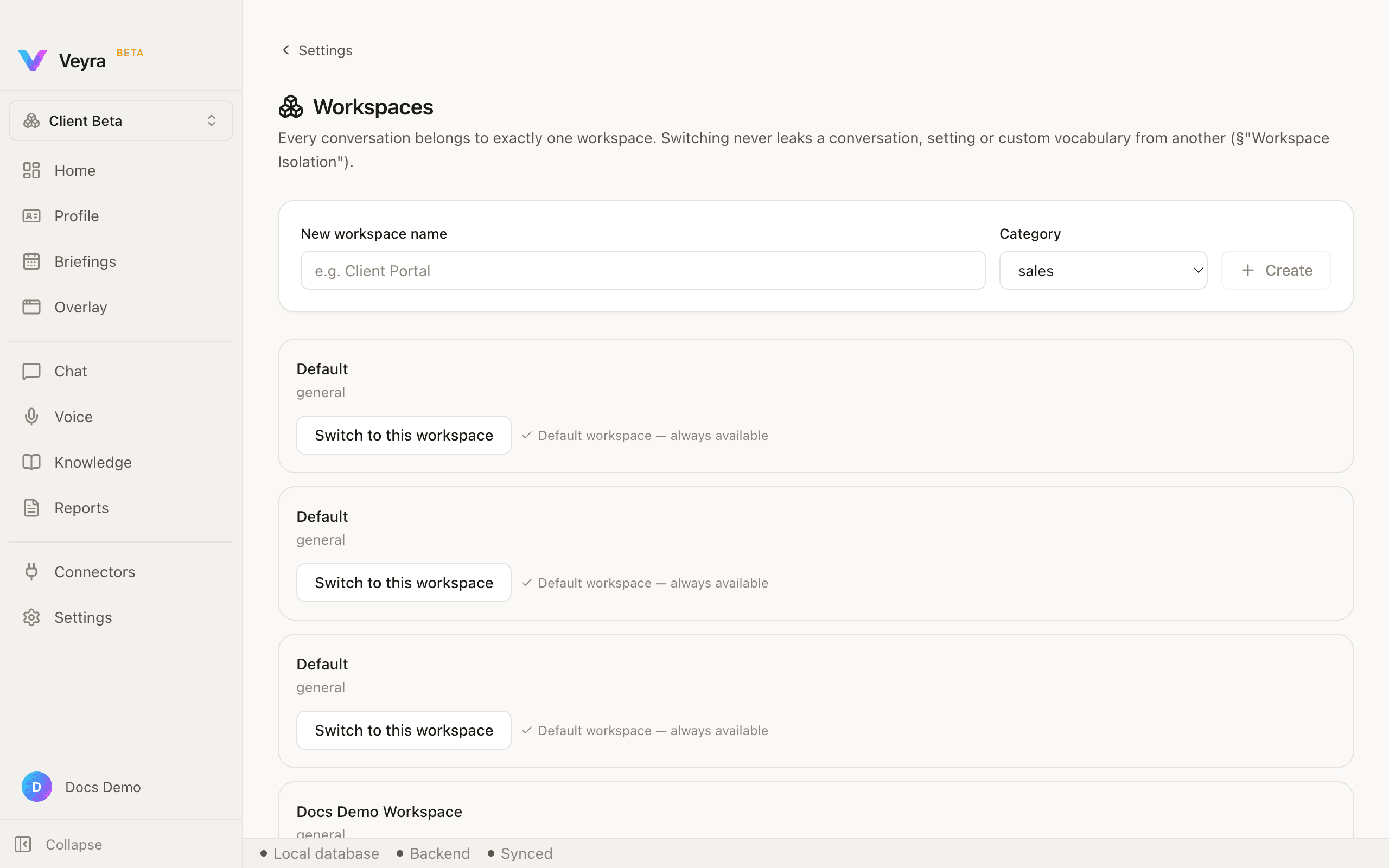 A second workspace just created and switched to